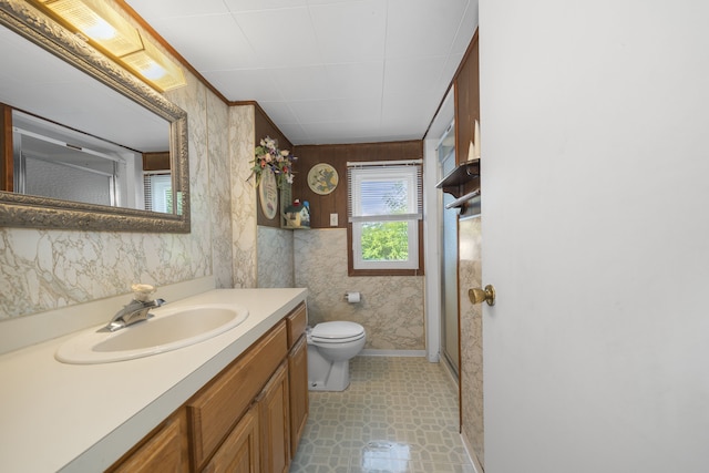 bathroom with vanity, an enclosed shower, and toilet