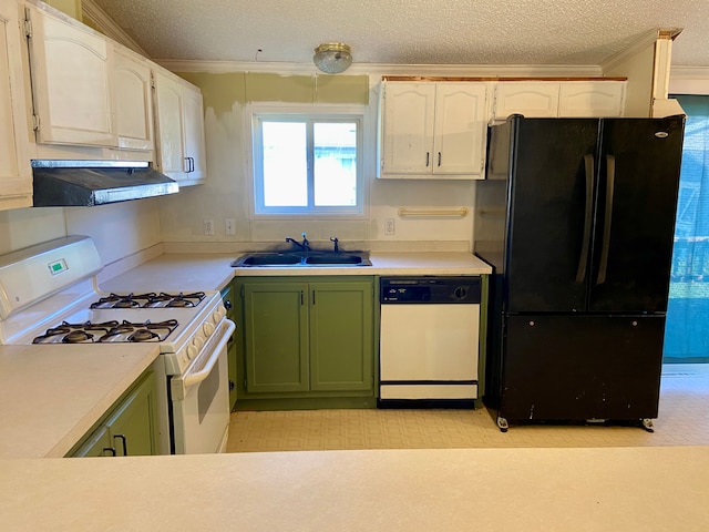 kitchen featuring sink, green cabinetry, white appliances, white cabinets, and ornamental molding