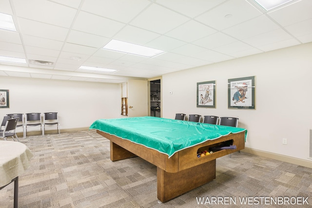 recreation room featuring a drop ceiling, carpet floors, and billiards