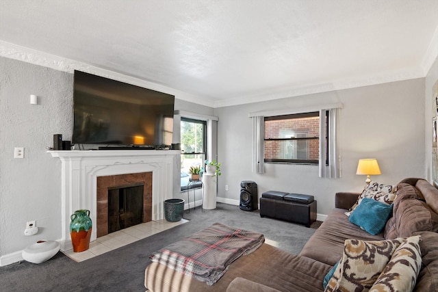 living room with light carpet, a fireplace, and crown molding