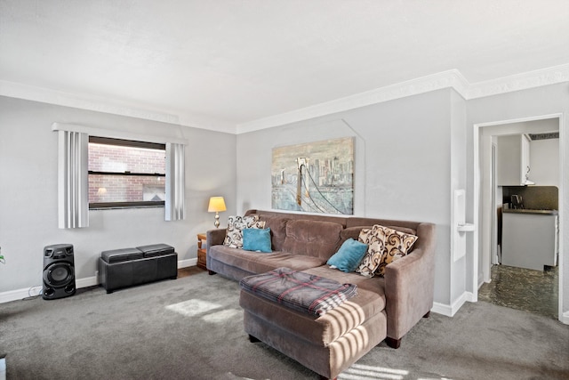 living room featuring carpet and crown molding