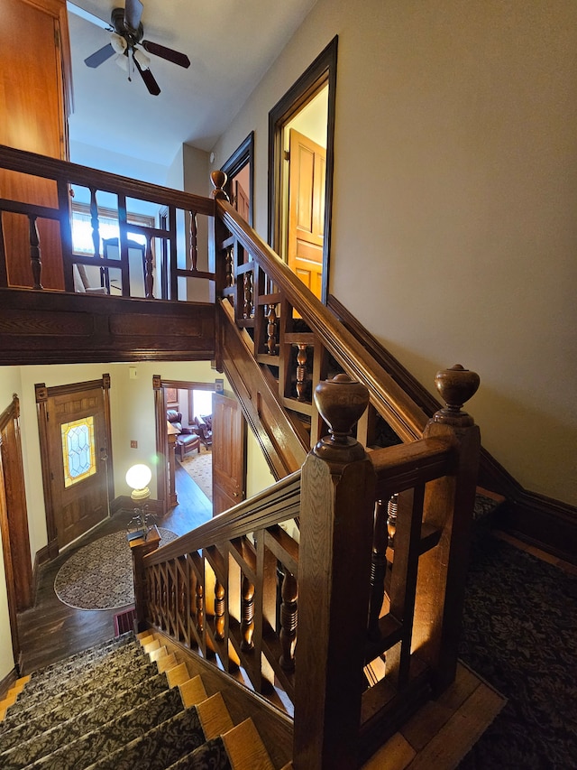 staircase featuring ceiling fan and hardwood / wood-style flooring