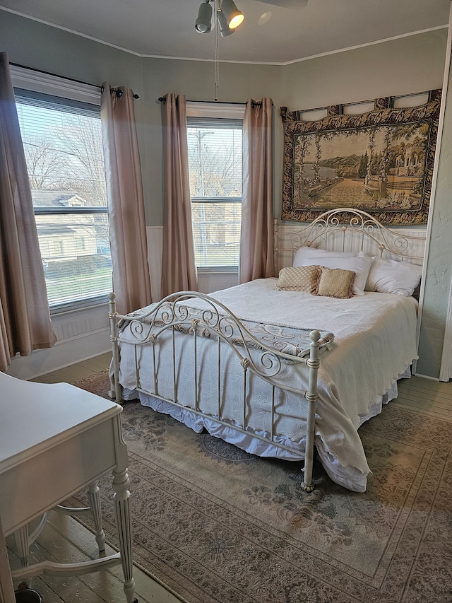 bedroom featuring ceiling fan, wood-type flooring, and multiple windows