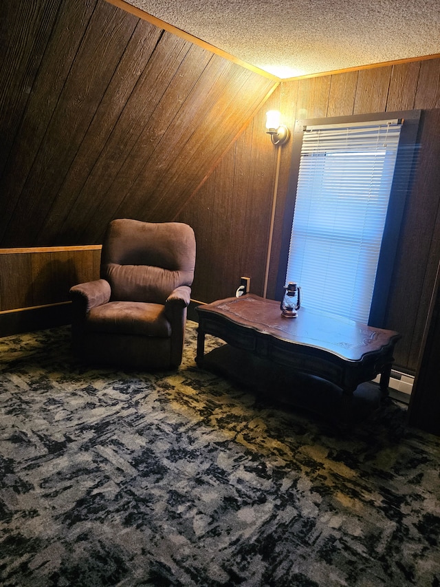 sitting room with a textured ceiling, vaulted ceiling, a baseboard heating unit, and wood walls