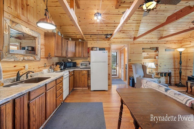 748 Kimberly Dr NE, Sparta, MI 49345 - kitchen featuring white appliances, a sink, brown cabinets, wood ceiling, and wood walls
