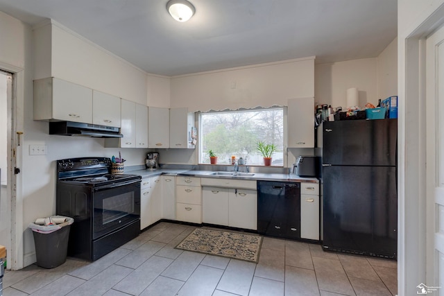 kitchen with sink, white cabinets, black appliances, and ornamental molding