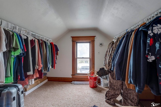 walk in closet featuring carpet floors and vaulted ceiling