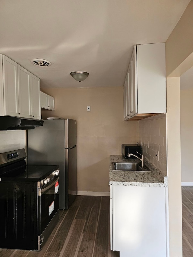 kitchen featuring electric range, dark hardwood / wood-style flooring, white cabinets, and sink