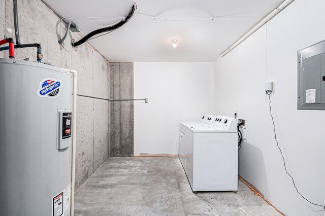 laundry room with electric panel, electric water heater, and washer and clothes dryer