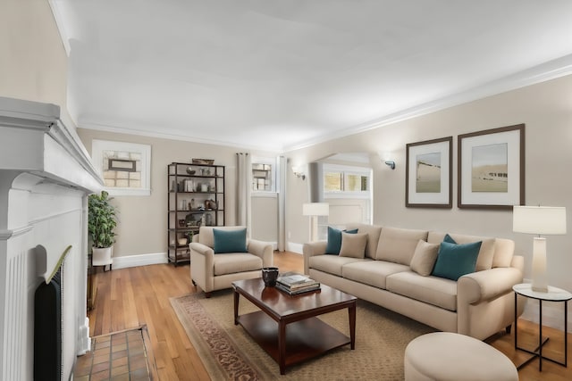 living room featuring ornamental molding and light hardwood / wood-style flooring