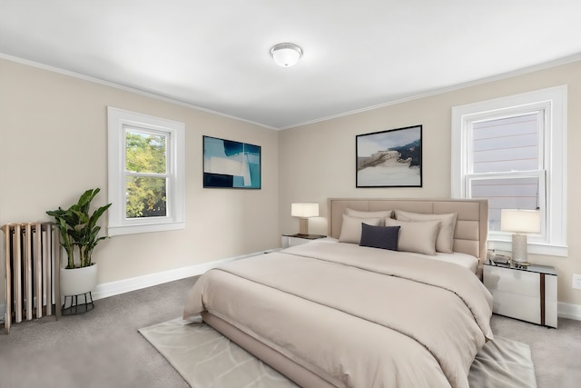 bedroom featuring carpet flooring, ornamental molding, and radiator