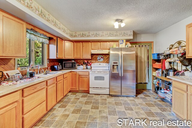 kitchen with appliances with stainless steel finishes, sink, a textured ceiling, and light brown cabinets