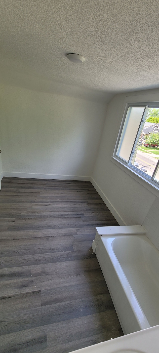 bathroom with lofted ceiling, a textured ceiling, and hardwood / wood-style flooring