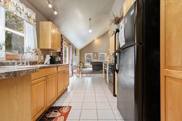1100 Tisdale Rd, Roscommon, MI 48653 - kitchen featuring black appliances, lofted ceiling, light tile patterned floors, light brown cabinets, and rail lighting