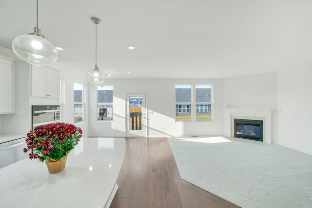 living room with wood-type flooring and a premium fireplace