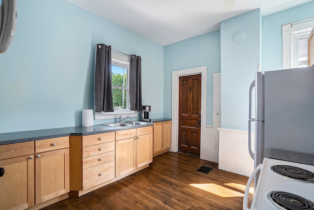 kitchen featuring dark hardwood / wood-style flooring, white appliances, light brown cabinetry, and sink