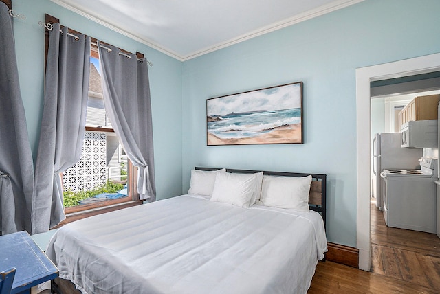 bedroom with dark hardwood / wood-style floors and ornamental molding