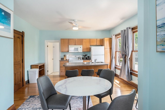 dining room with ceiling fan, light wood-type flooring, and sink