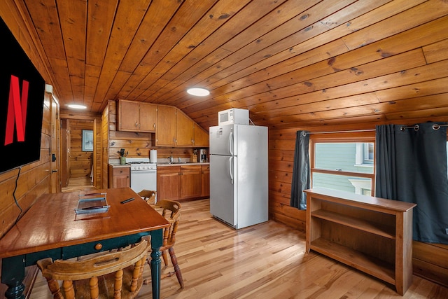 kitchen with light wood-type flooring, white appliances, vaulted ceiling, wooden ceiling, and wood walls