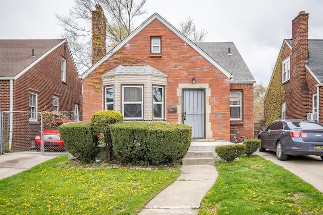 8594 Lauder St, Detroit, MI 48228 - bungalow-style home featuring brick siding, a front yard, a chimney, and a shingled roof