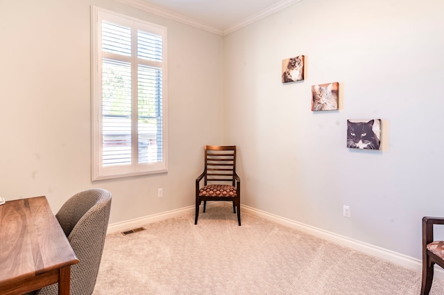 home office with carpet flooring, crown molding, baseboards, and visible vents