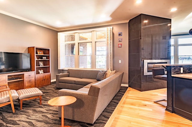 living room with baseboards, crown molding, wood finished floors, and recessed lighting