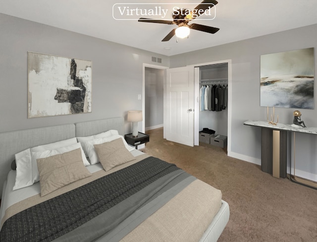 bedroom featuring carpet flooring, ceiling fan, and a closet