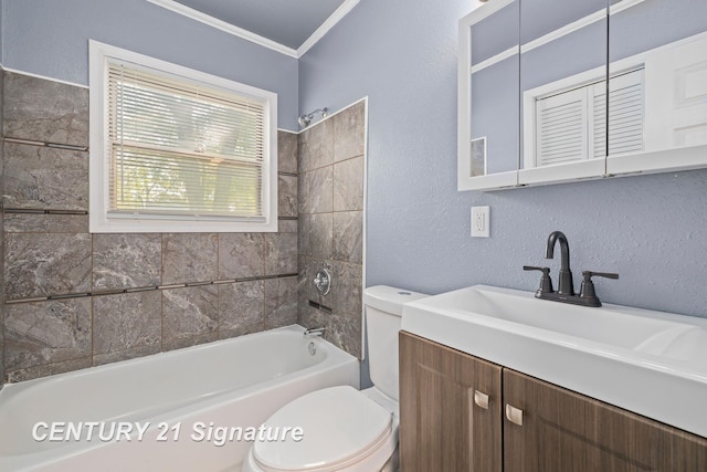 full bathroom with toilet, vanity, tiled shower / bath combo, and ornamental molding