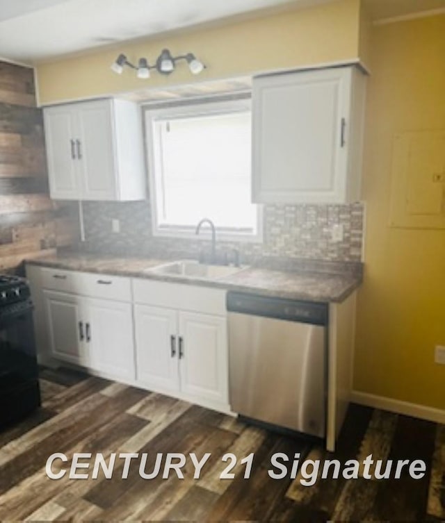 kitchen featuring decorative backsplash, stainless steel dishwasher, sink, dark hardwood / wood-style floors, and white cabinetry