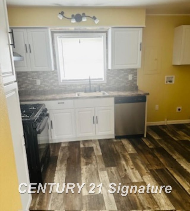 kitchen featuring white cabinetry, sink, dark hardwood / wood-style flooring, black electric range, and stainless steel dishwasher