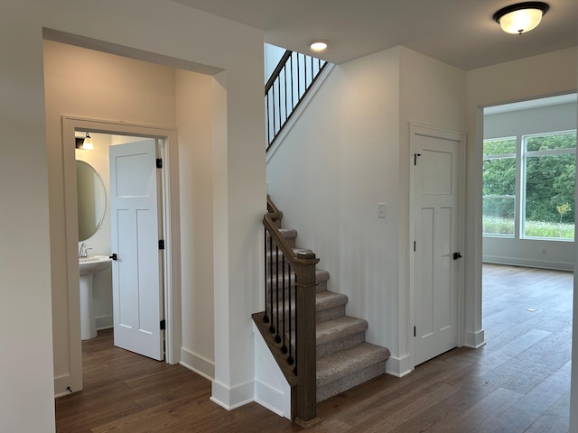 stairs featuring sink and wood-type flooring