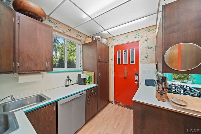 kitchen featuring a drop ceiling, sink, light hardwood / wood-style flooring, stainless steel dishwasher, and dark brown cabinetry