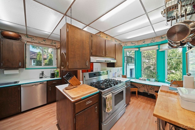 kitchen with light hardwood / wood-style flooring, stainless steel appliances, dark brown cabinets, and a drop ceiling