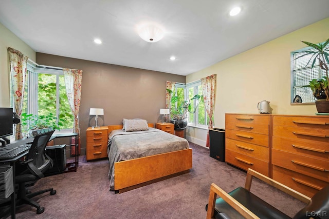 bedroom with multiple windows and dark carpet