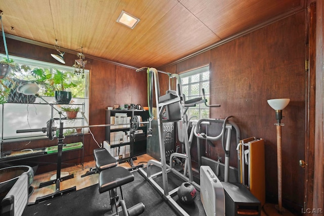 workout area featuring hardwood / wood-style flooring, wood walls, and wood ceiling