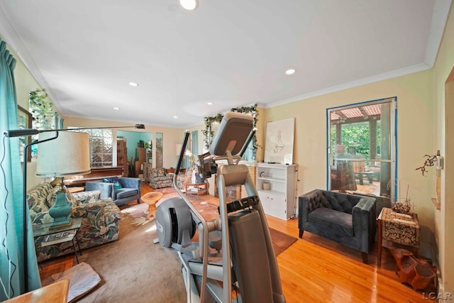 exercise area with wood-type flooring and crown molding