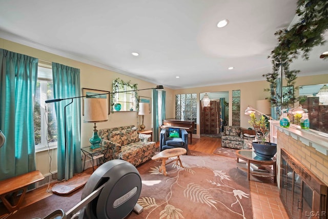 living room with ornamental molding, a wealth of natural light, and light hardwood / wood-style flooring