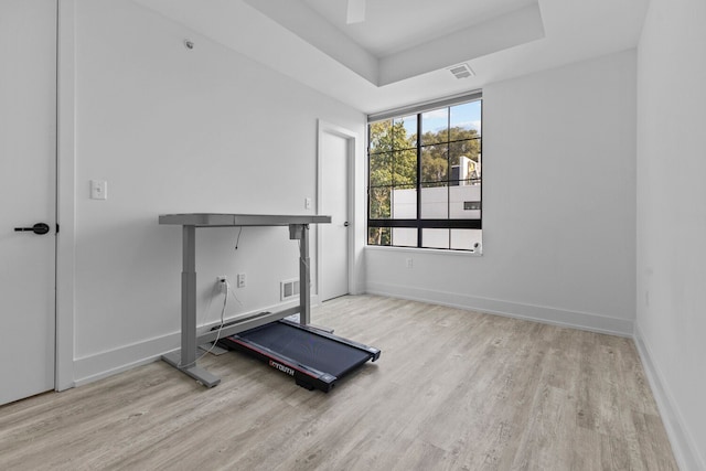 exercise room with a tray ceiling and light hardwood / wood-style flooring