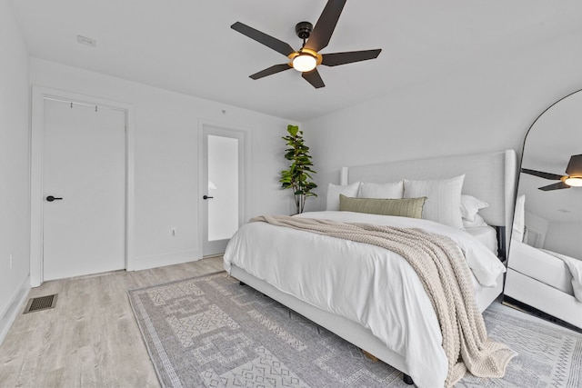 bedroom with ceiling fan and light hardwood / wood-style flooring