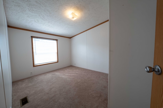 carpeted spare room featuring crown molding and a textured ceiling