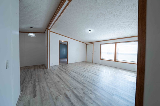 spare room featuring a textured ceiling, light hardwood / wood-style flooring, and ornamental molding