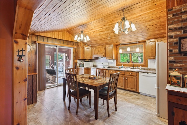 dining room featuring sink, an inviting chandelier, wood walls, vaulted ceiling, and wood ceiling