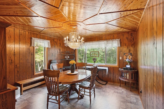 dining area featuring wooden walls, a healthy amount of sunlight, and wood ceiling