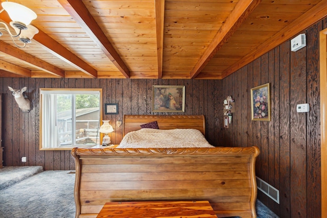 bedroom featuring beam ceiling, wooden walls, and wooden ceiling