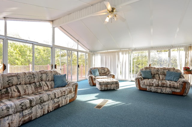 5563 Spring Creek Rd, Three Oaks, MI 49128 - sunroom / solarium with carpet flooring, lofted ceiling, ceiling fan, and a wall of windows