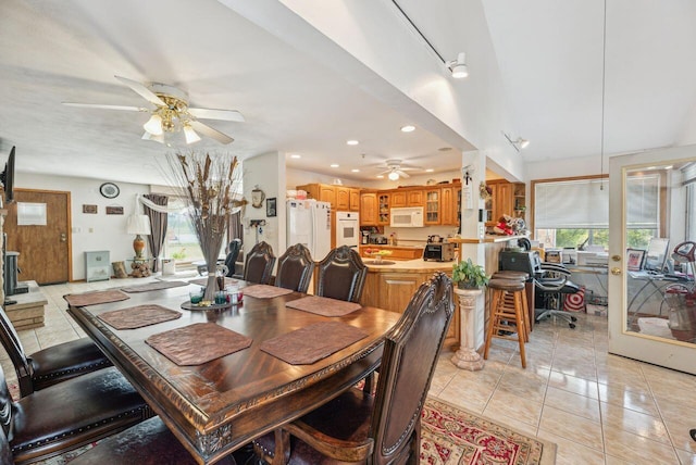 5563 Spring Creek Rd, Three Oaks, MI 49128 - dining room with a ceiling fan, light tile patterned floors, and recessed lighting