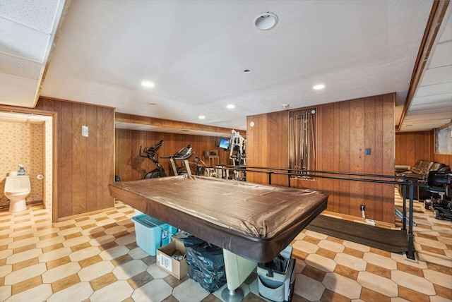 5563 Spring Creek Rd, Three Oaks, MI 49128 - rec room featuring wooden walls, light flooring, recessed lighting, and billiards