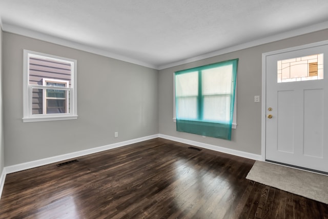 foyer featuring a textured ceiling, dark hardwood / wood-style floors, a wealth of natural light, and ornamental molding