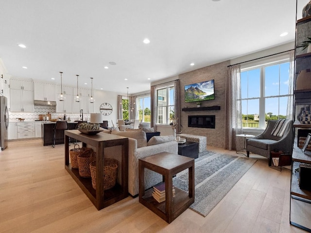 living room with a fireplace, light hardwood / wood-style flooring, and plenty of natural light