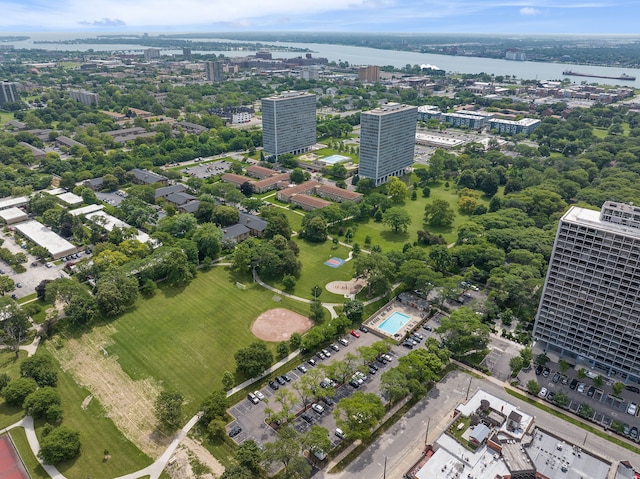 aerial view featuring a water view